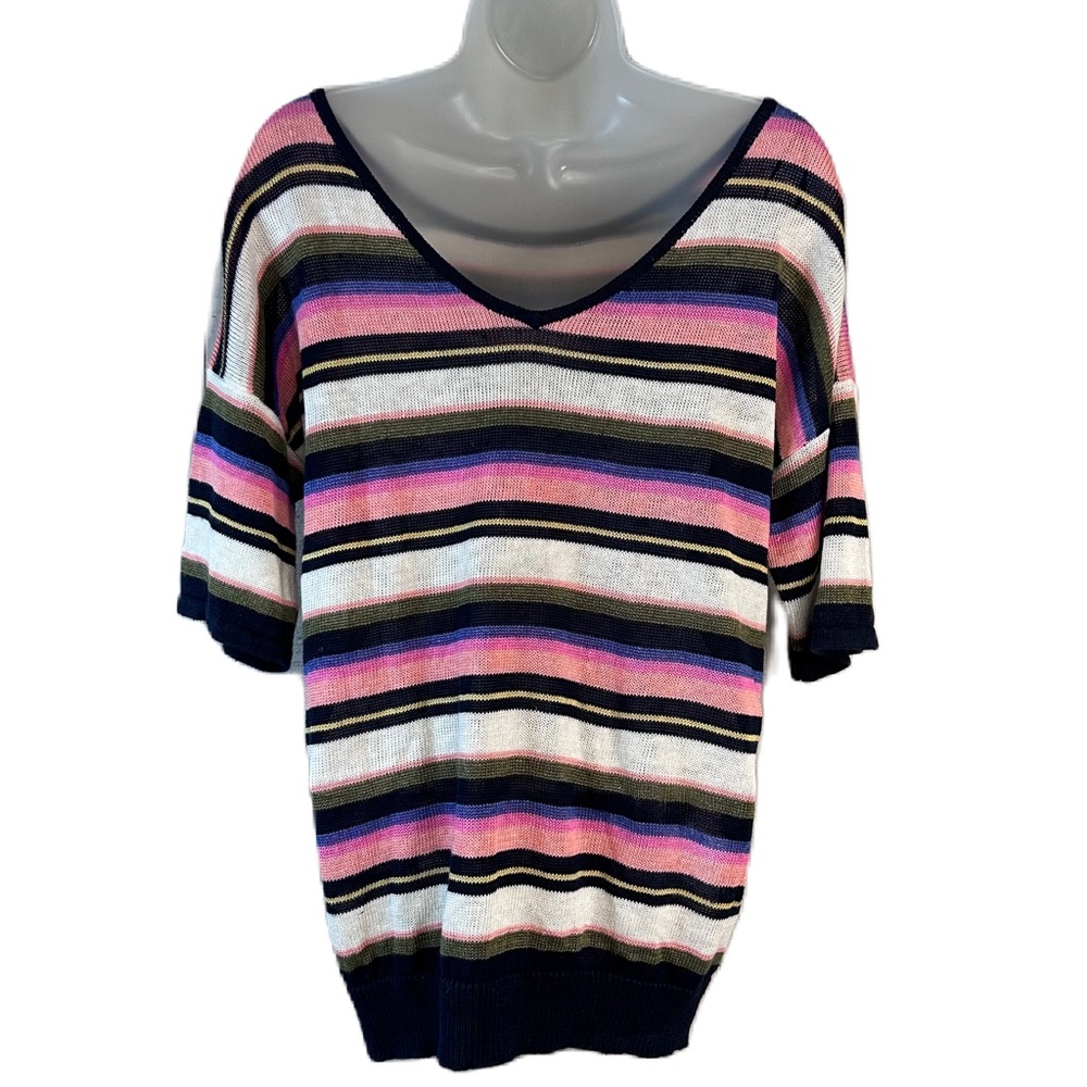 Talbots Knit‎ Top Size L Short Sleeve Round Lightweight 100% Linen Stripes - Picture 2 of 8
